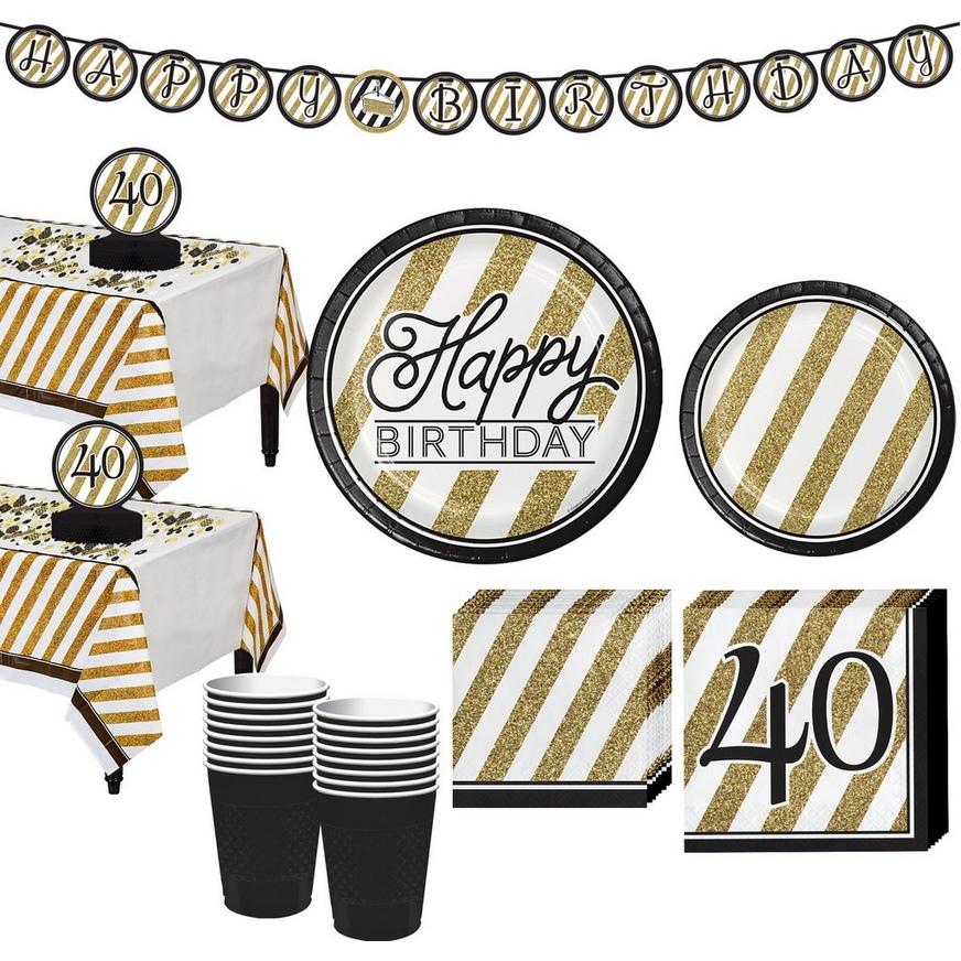 White & Gold Striped 40th Birthday Party Kit
